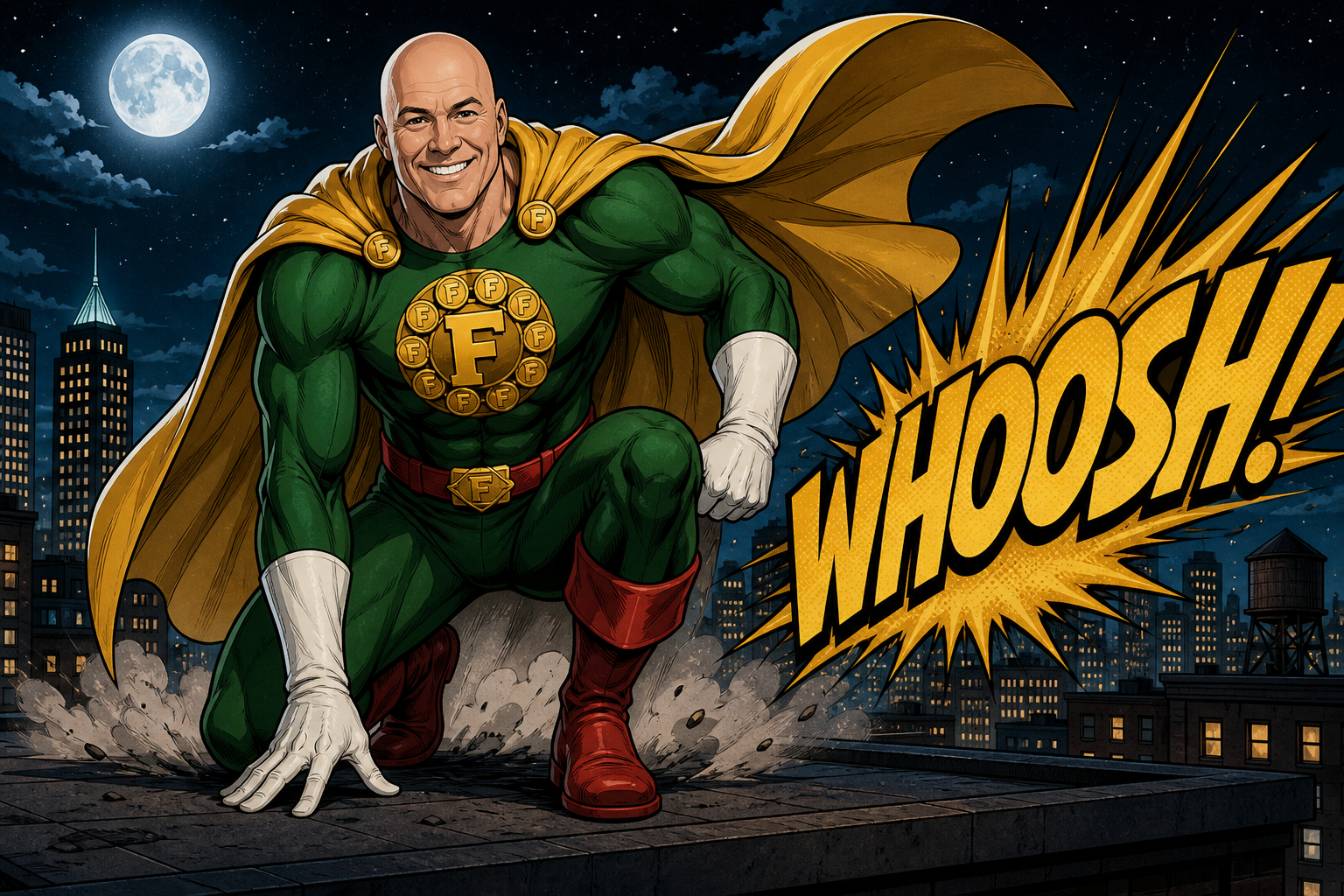 The Financializer, a bald superhero in a forest-green suit with a gold F-shield, gold cape, and crimson boots, landing on a city rooftop at night.