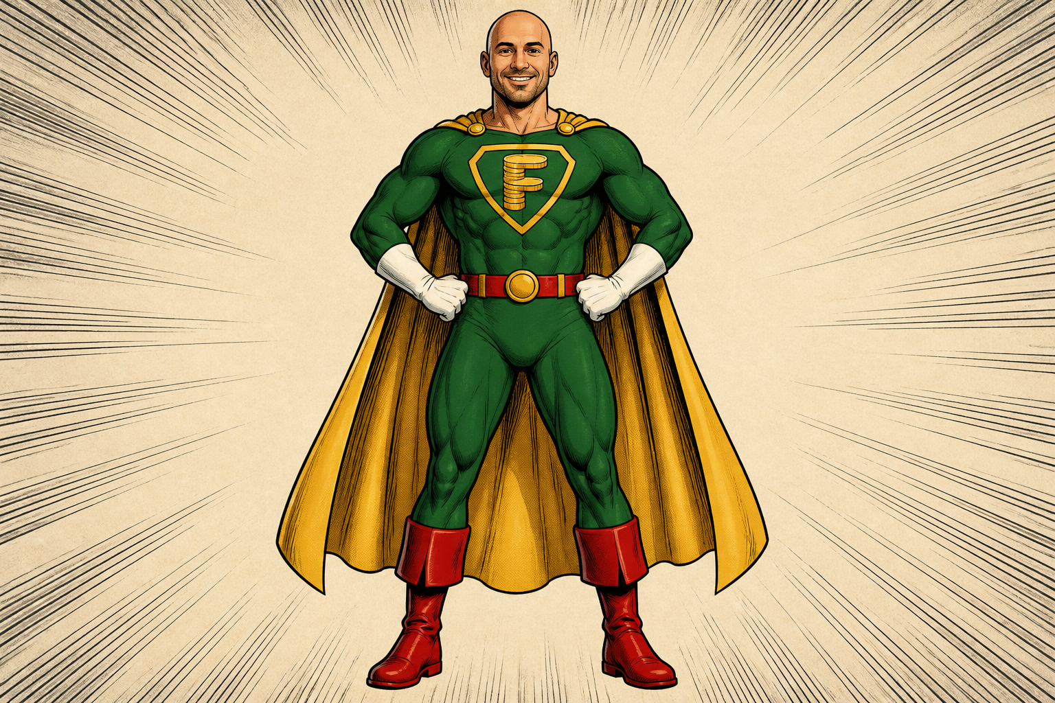 Portrait of The Financializer, modeled after Dustin DeFranco: bald, warm smile, forest-green suit, gold cape and F-shield, crimson belt and boots.